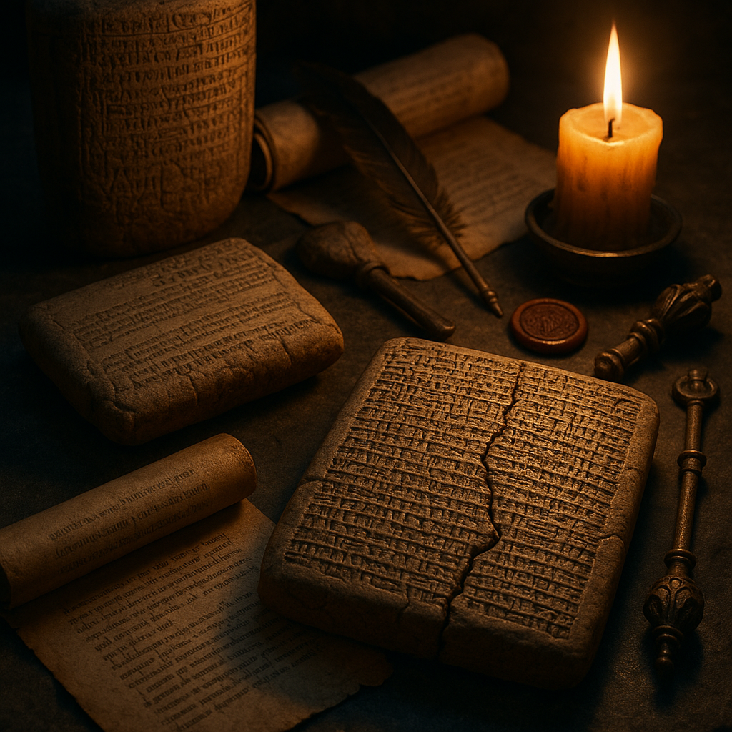 Ancient Babylonian cuneiform tablets and scrolls