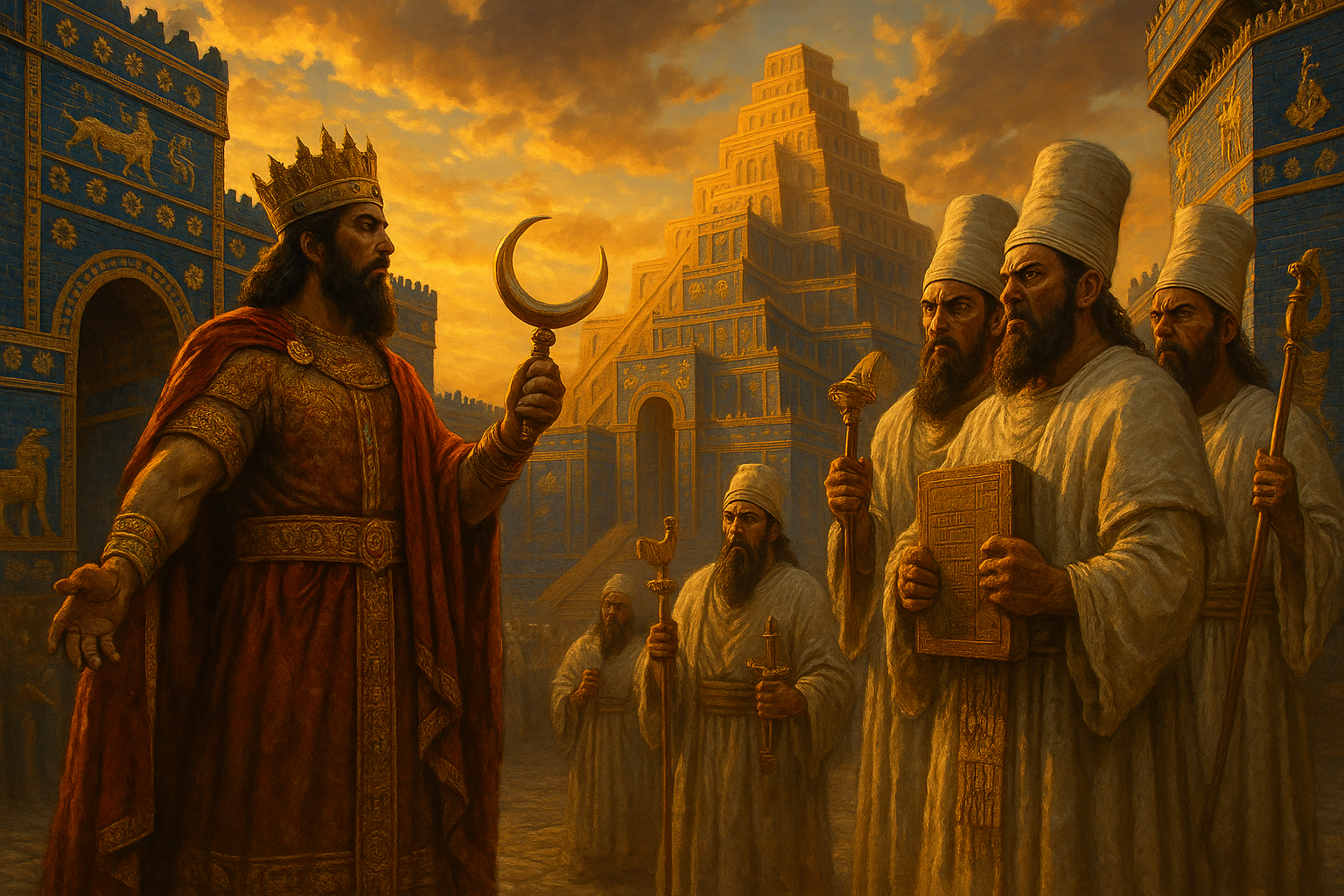 Nabonidus facing Marduk priests in ancient Babylon