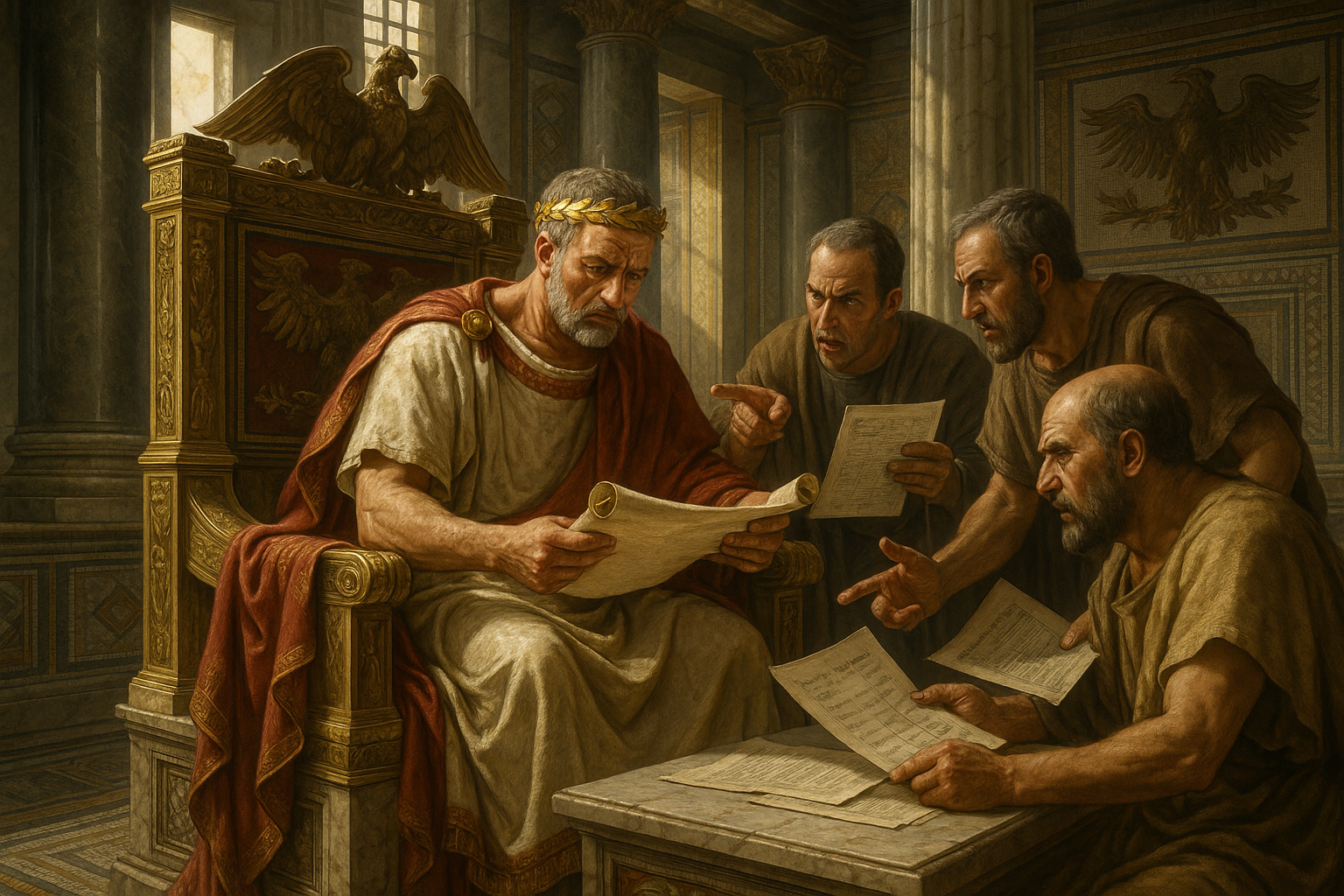 Emperor Diocletian in his palace reviewing economic reports