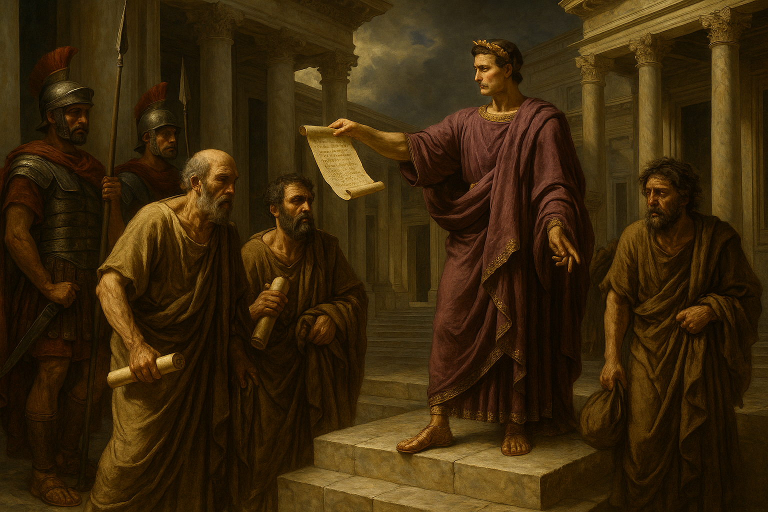 Emperor Domitian issuing the expulsion decree to philosophers in 94 AD