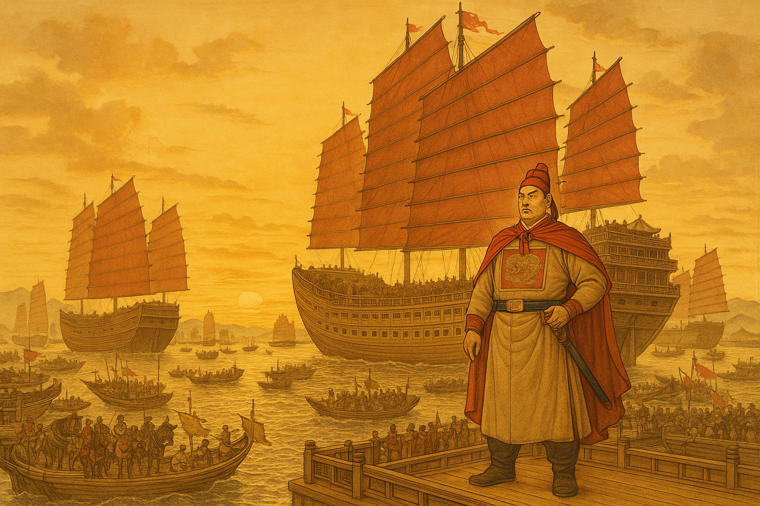 Emperor Yongle's massive treasure ships with Admiral Zheng He commanding the fleet in 1405 AD