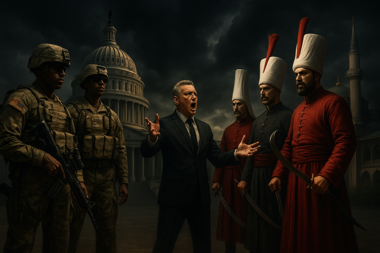 Dramatic comparison between modern National Guard deployment and historical Ottoman Janissaries