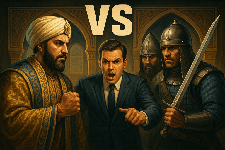 Dramatic confrontation between Abbasid Caliph and Turkish guards representing federal overreach