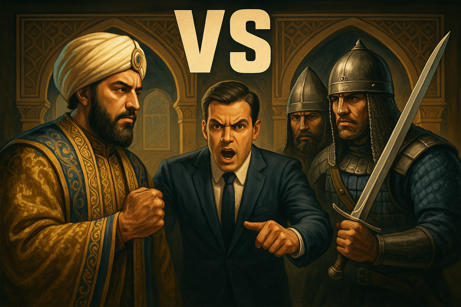 Dramatic confrontation between Abbasid Caliph and Turkish guards representing federal overreach