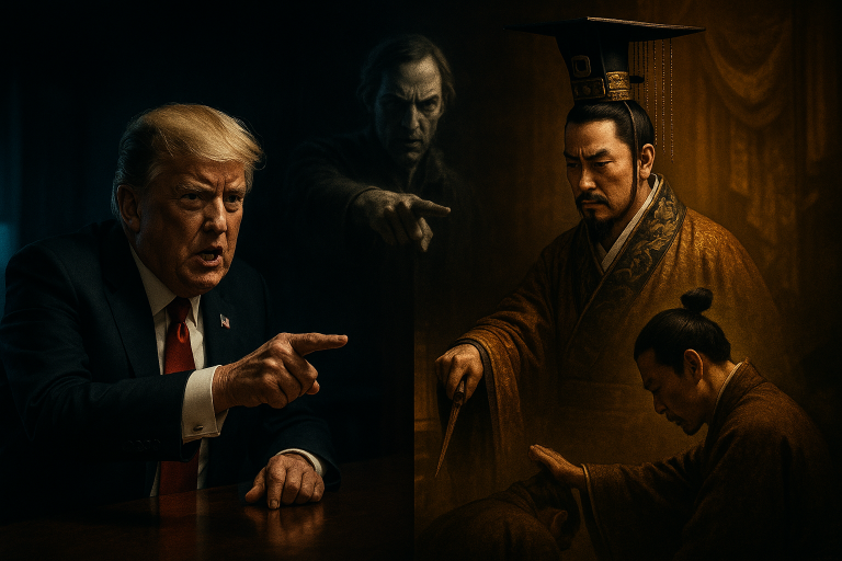 Split screen showing Trump firing an official and Emperor Wu of Han in ancient China