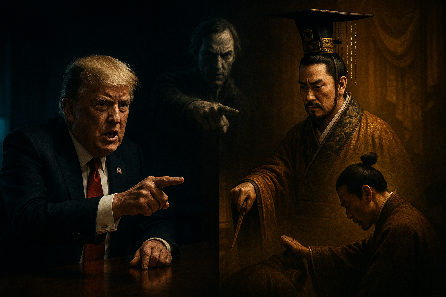 Split screen showing Trump firing an official and Emperor Wu of Han in ancient China