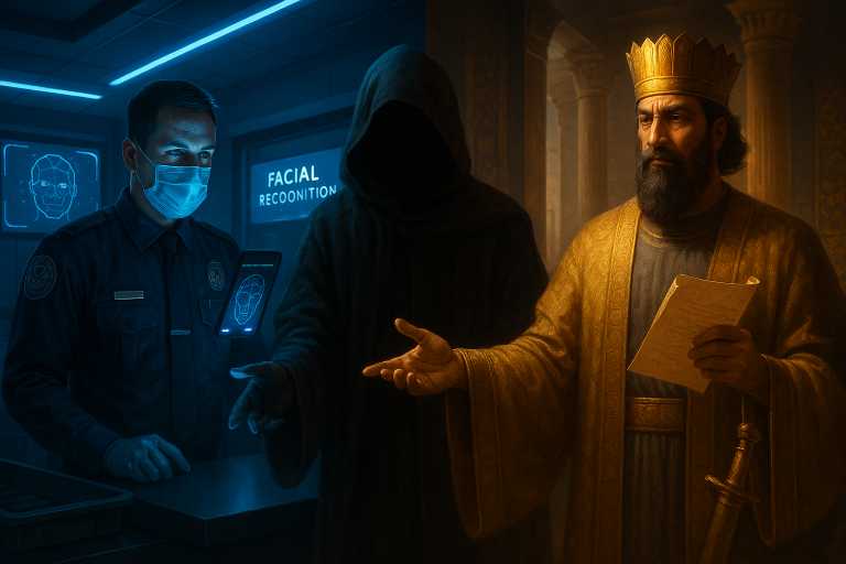 Dramatic comparison between modern TSA facial recognition and ancient Persian travel documentation system