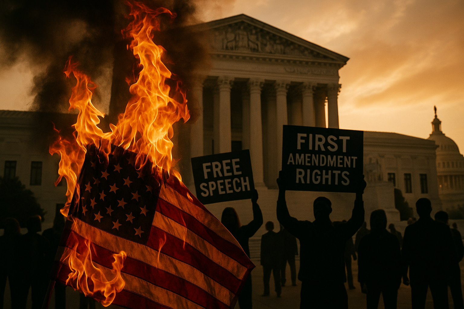 Flag burning protest with Supreme Court in background