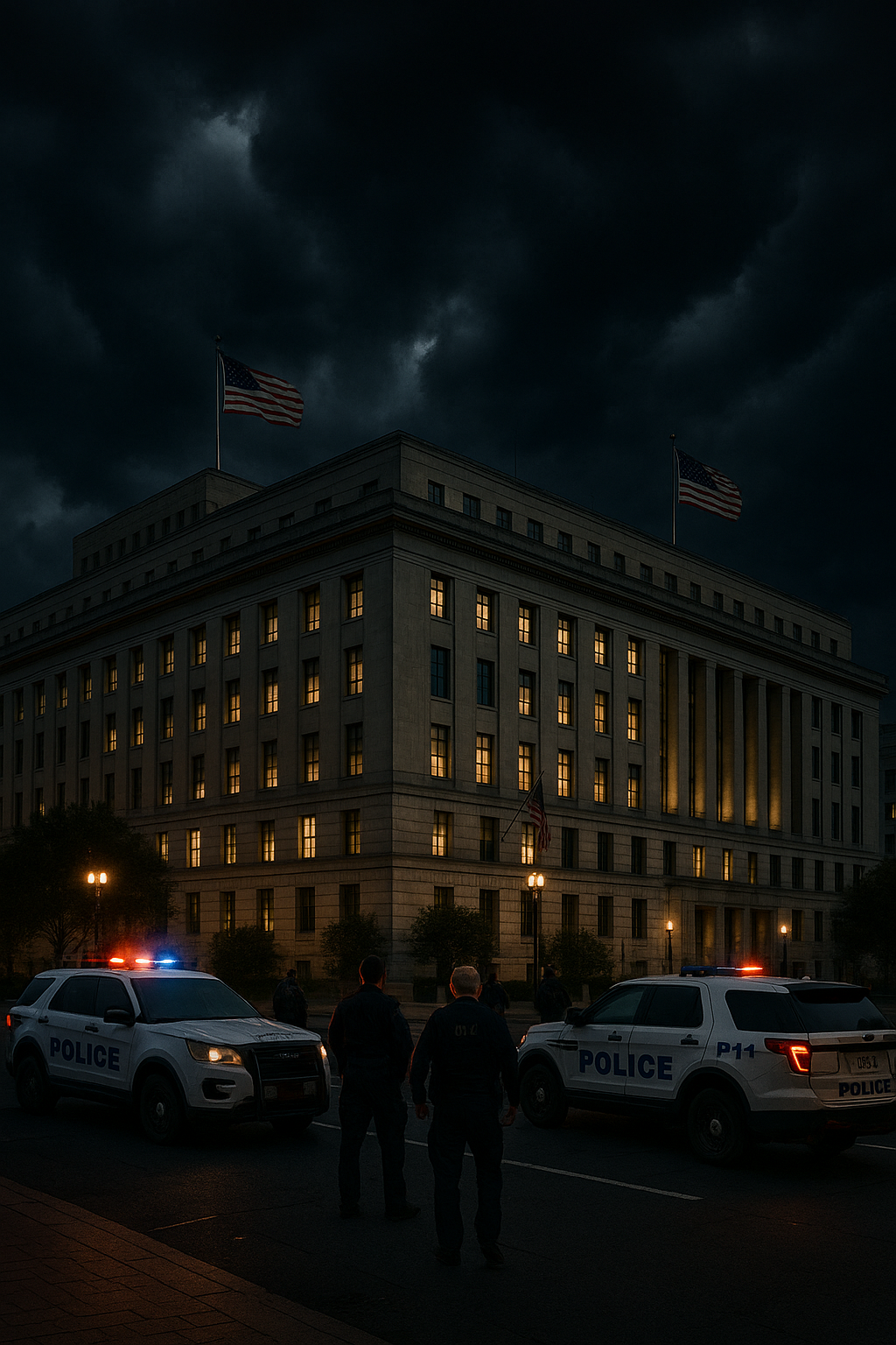 Ominous federal building in Washington D.C. with storm clouds and police presence