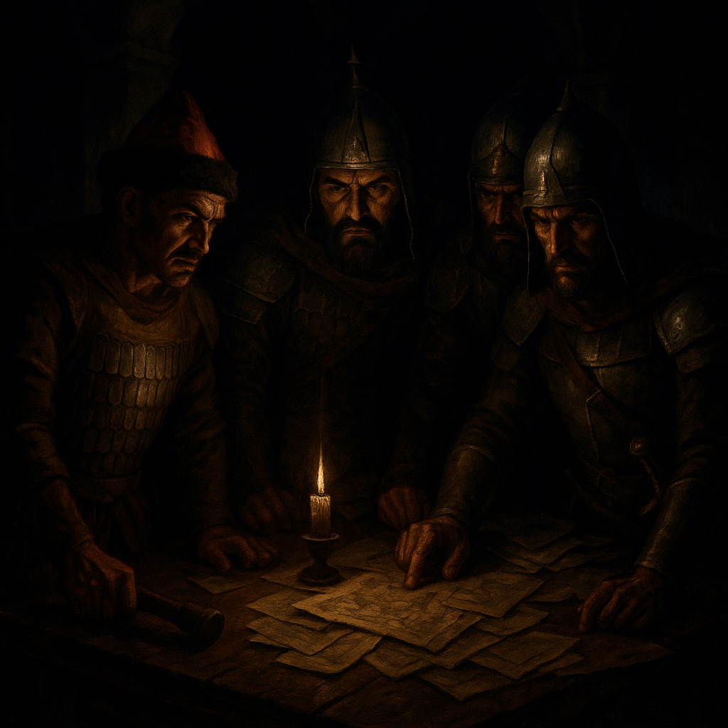 Turkish guards plotting in shadows by candlelight in palace chamber