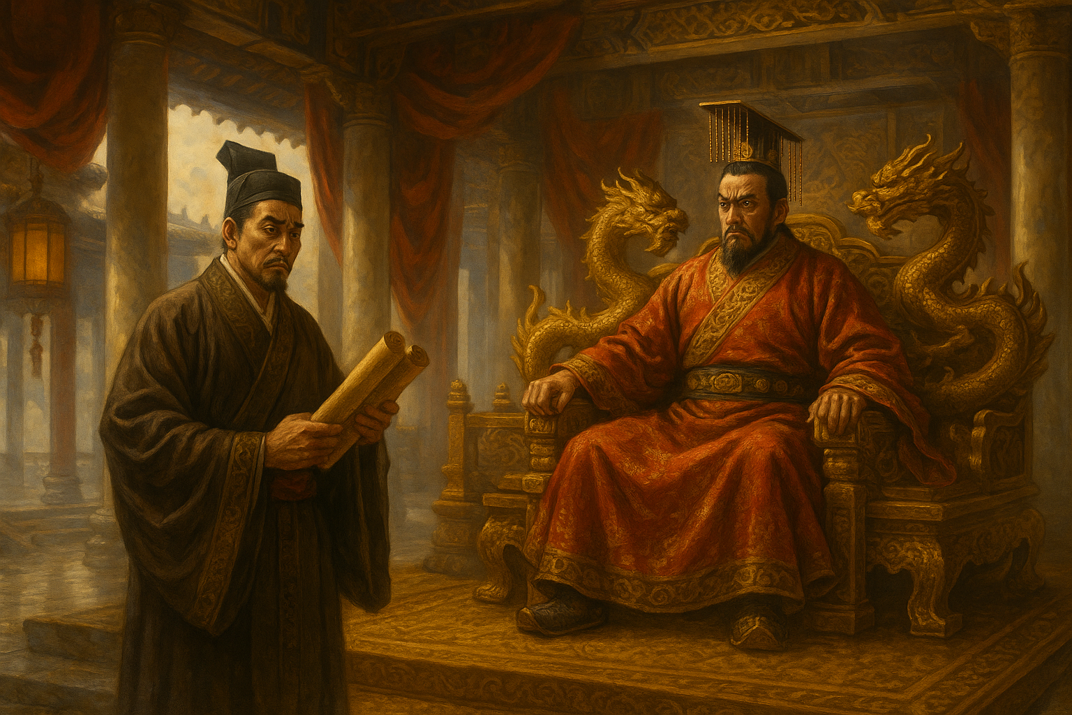 Minister Yan Yi in the Han Dynasty court holding agricultural reports