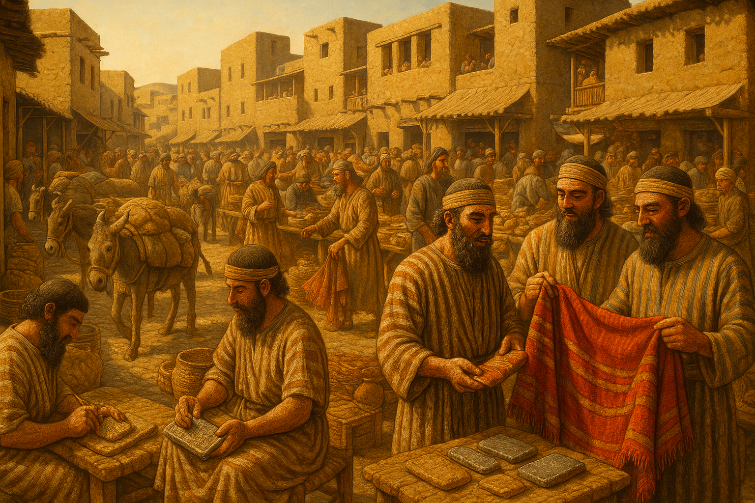 Ancient Kanesh trading post showing Assyrian merchants conducting business