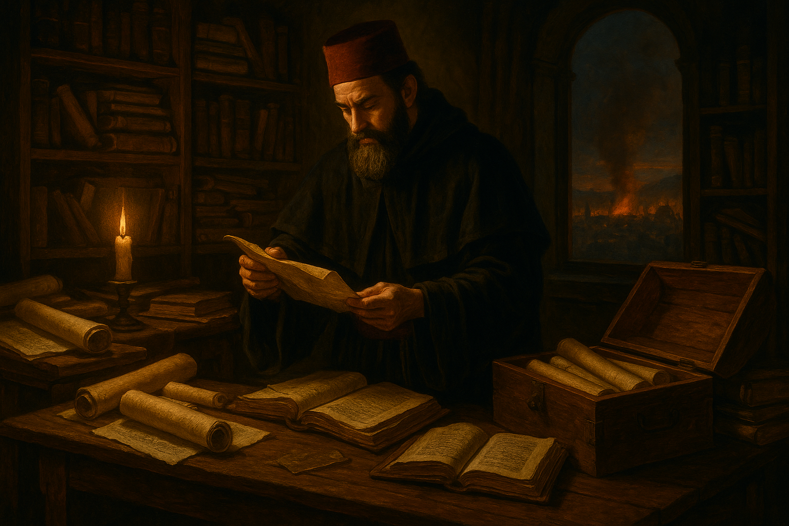 Cardinal Bessarion preserving Greek manuscripts in Constantinople, 1453