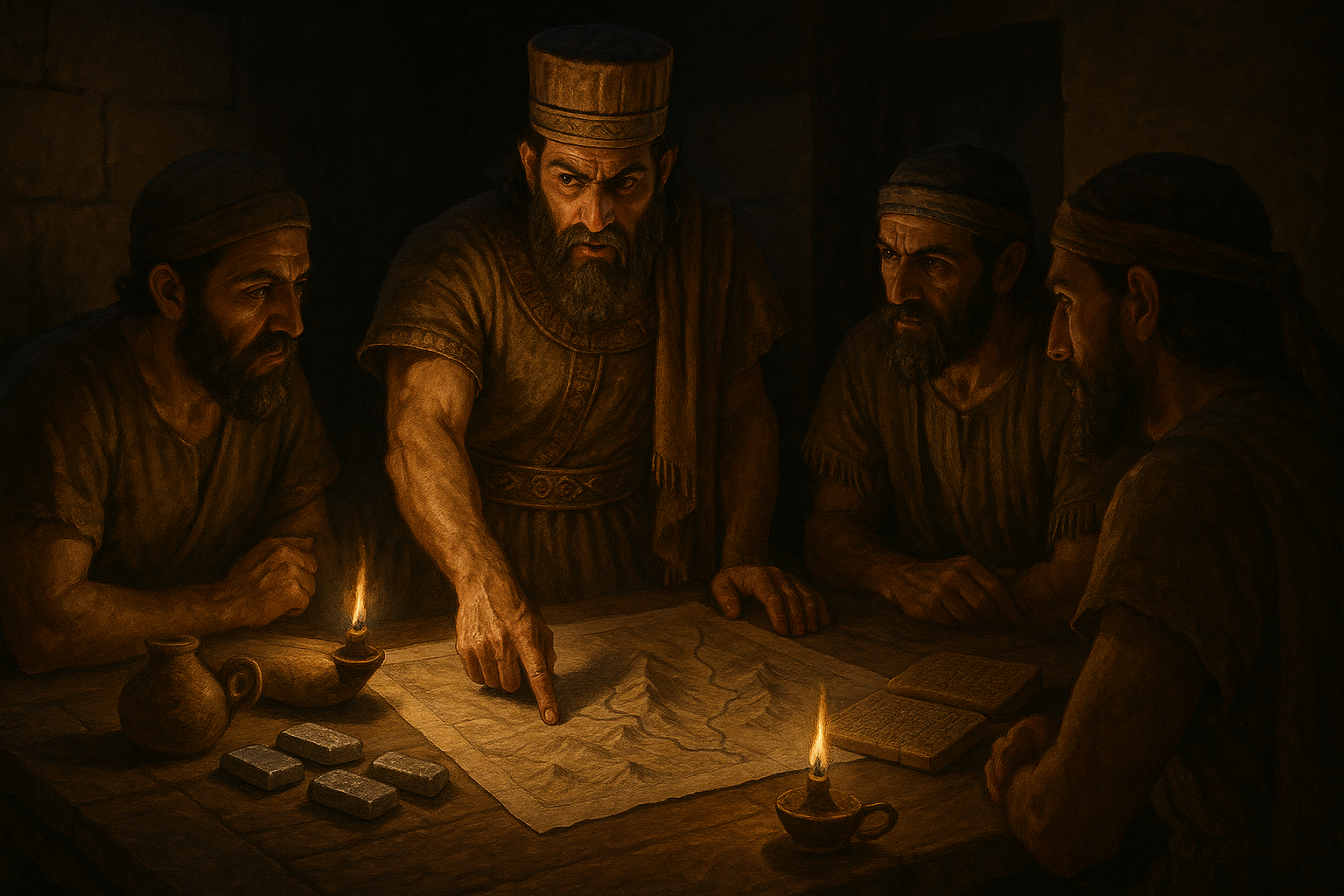 Buzazu instructing his partners on smuggling routes in ancient times