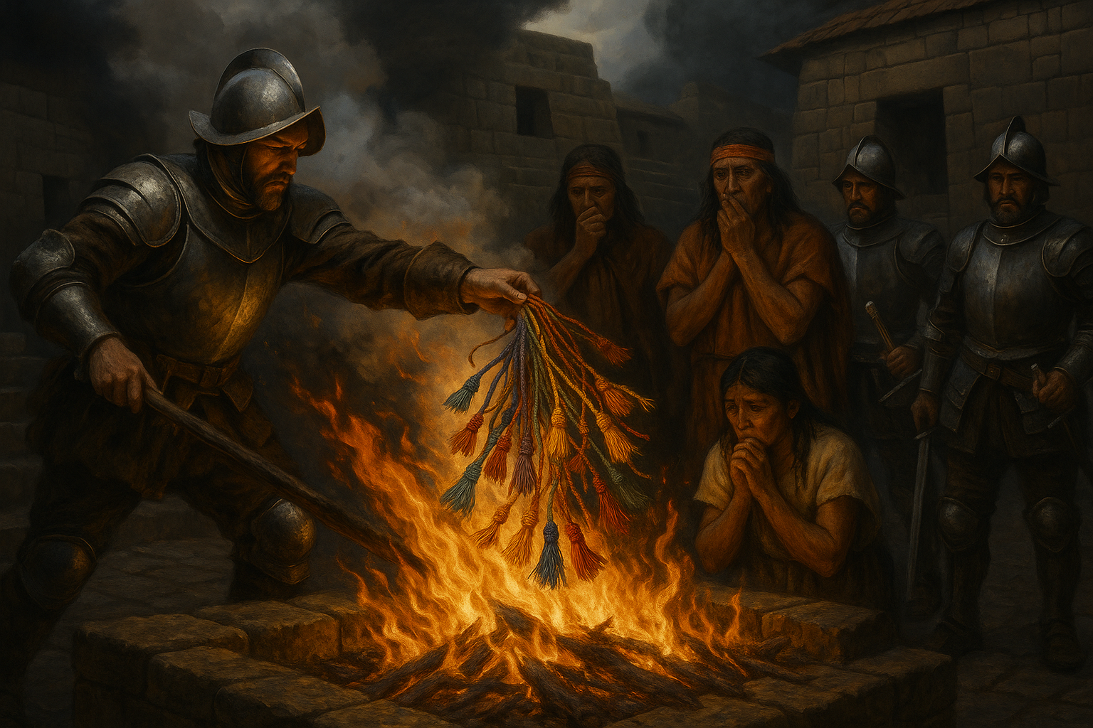 Spanish conquistadors destroying Inca quipu records