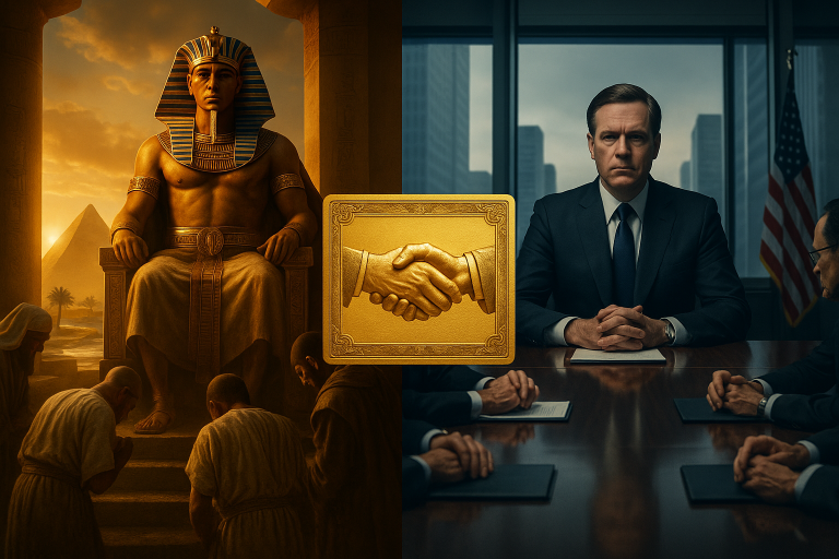 Ancient Egyptian pharaoh and modern American government official representing the parallel between state capitalism systems