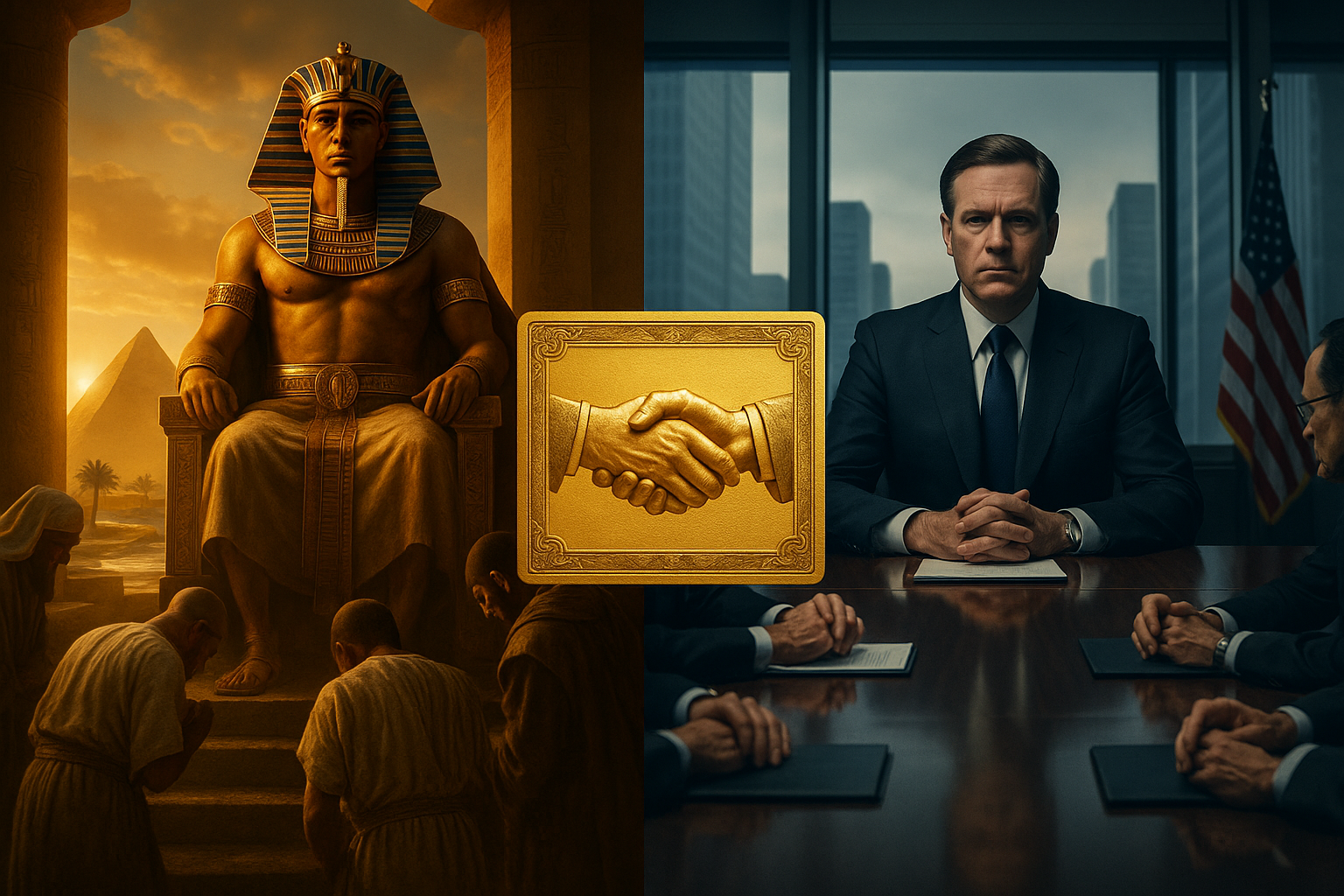 Ancient Egyptian pharaoh and modern American government official representing the parallel between state capitalism systems
