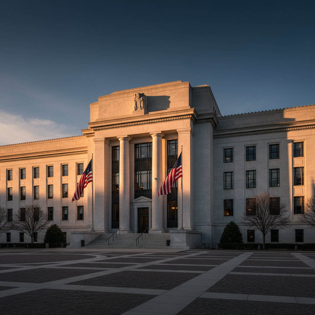 Federal Reserve building in Washington DC during golden hour
