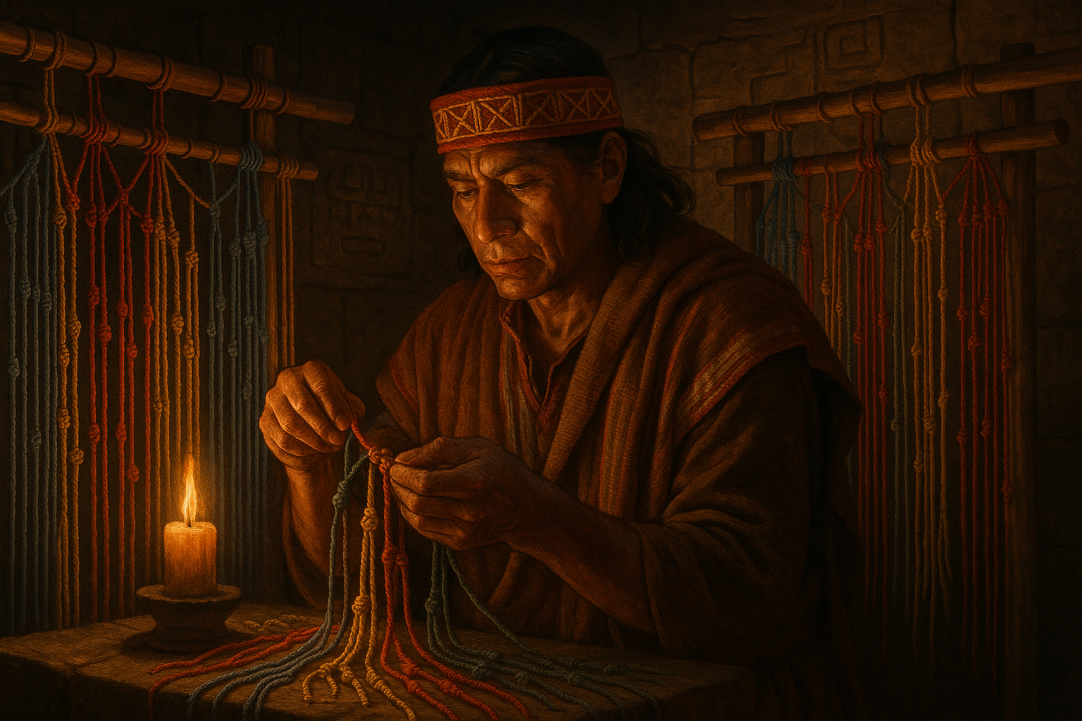Ancient Inca Quipucamayoc working with knotted information cords