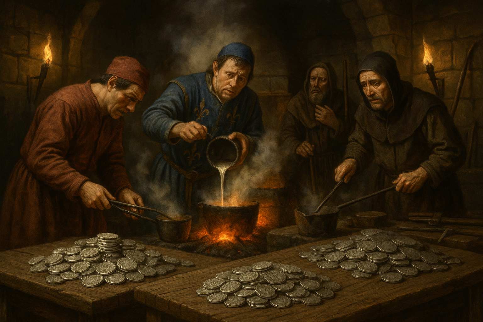 Medieval mint workers debasing currency under royal pressure