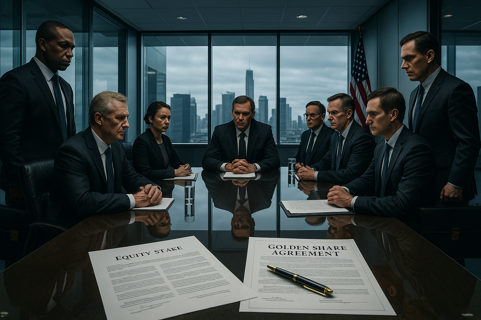 Modern corporate boardroom meeting showing government-business partnership