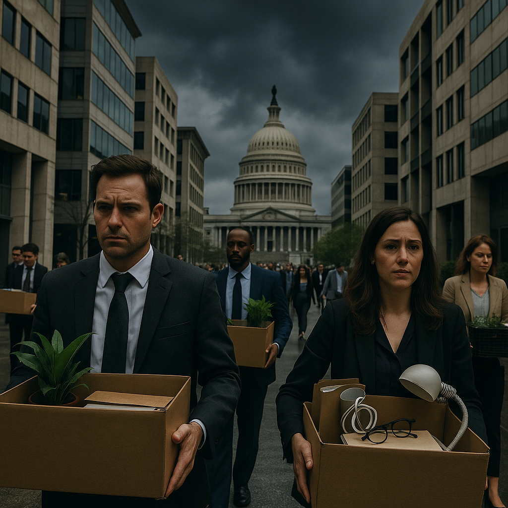 Modern federal workers leaving government buildings