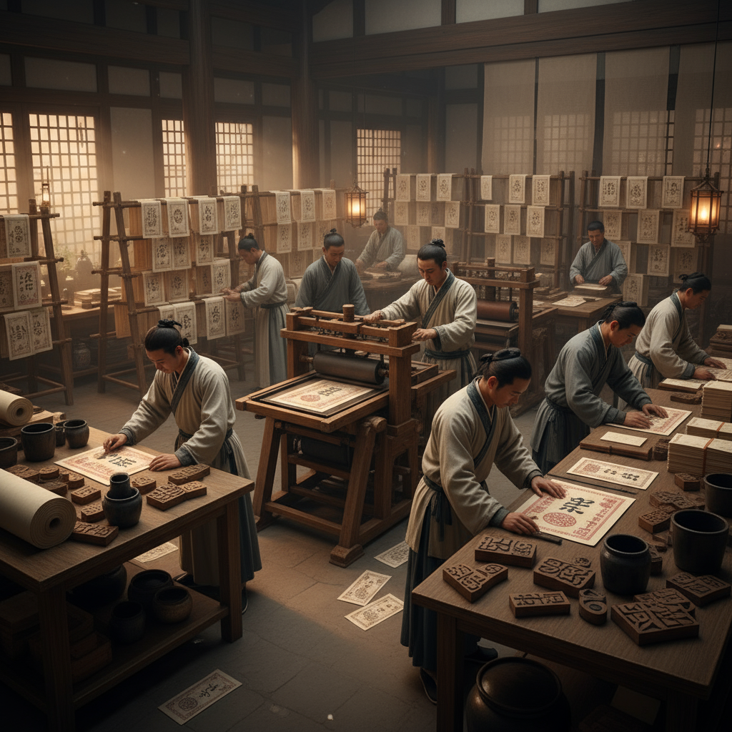 Ancient Chinese printing workshop creating paper money with wooden blocks and presses