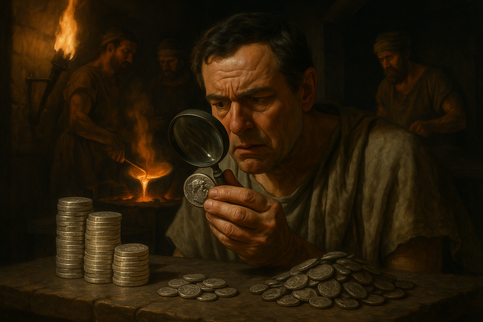 Roman merchant examining debased currency during economic crisis
