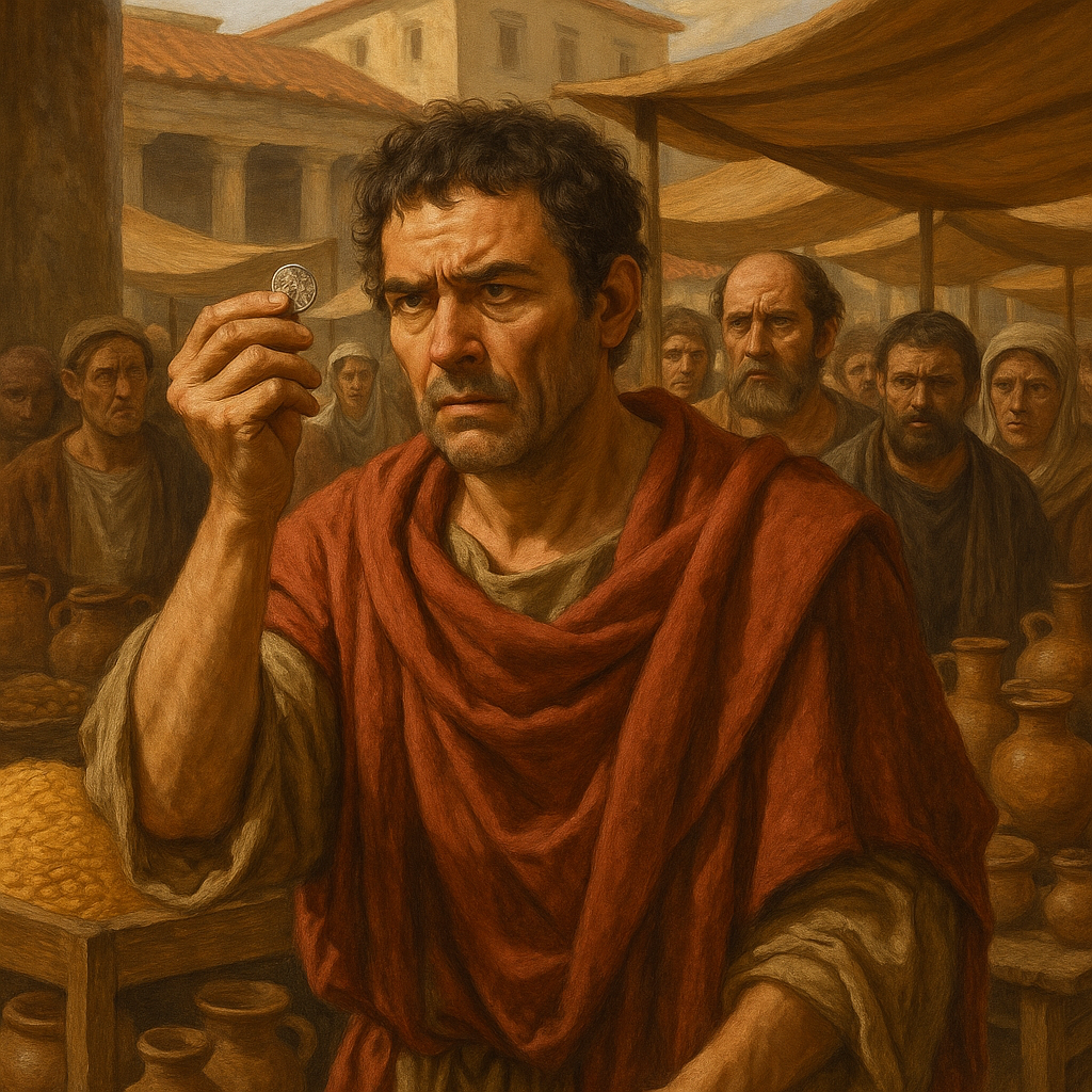 Roman merchant examining debased coins