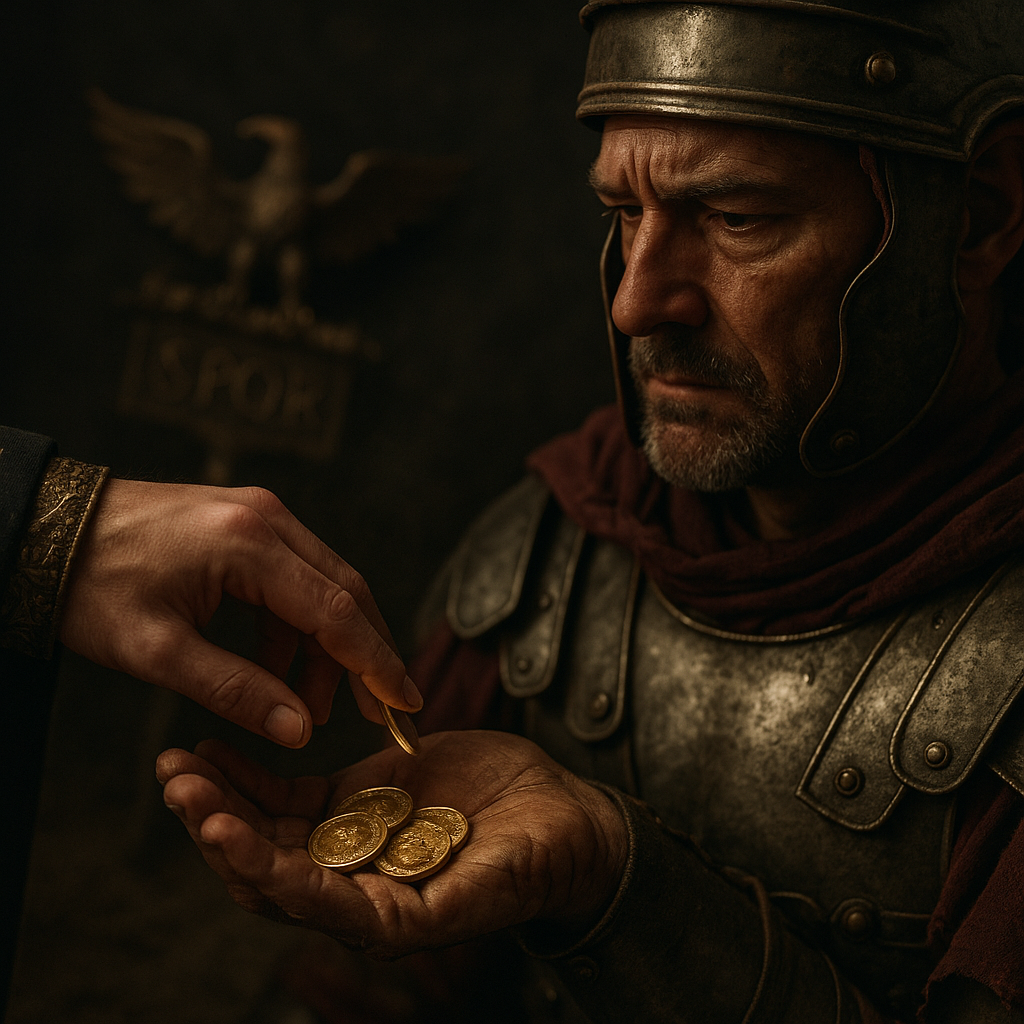 Bucellarius warrior receiving payment from wealthy patron