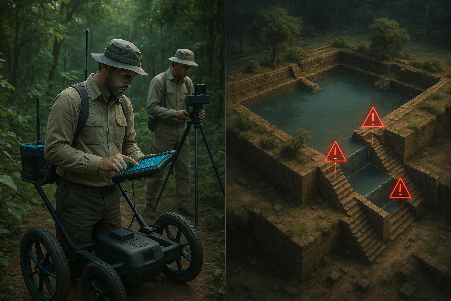 Archaeologists using ground-penetrating radar revealing Koh Ker reservoir design flaw