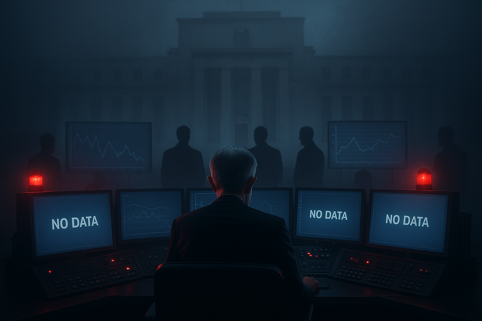 Federal Reserve officials facing blank screens showing NO DATA