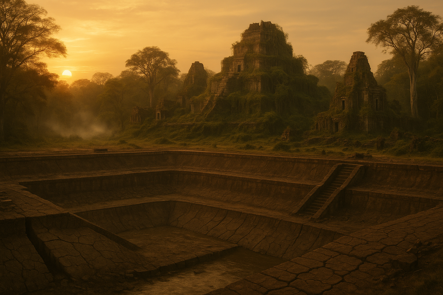 Abandoned Koh Ker city with failed reservoir being reclaimed by jungle