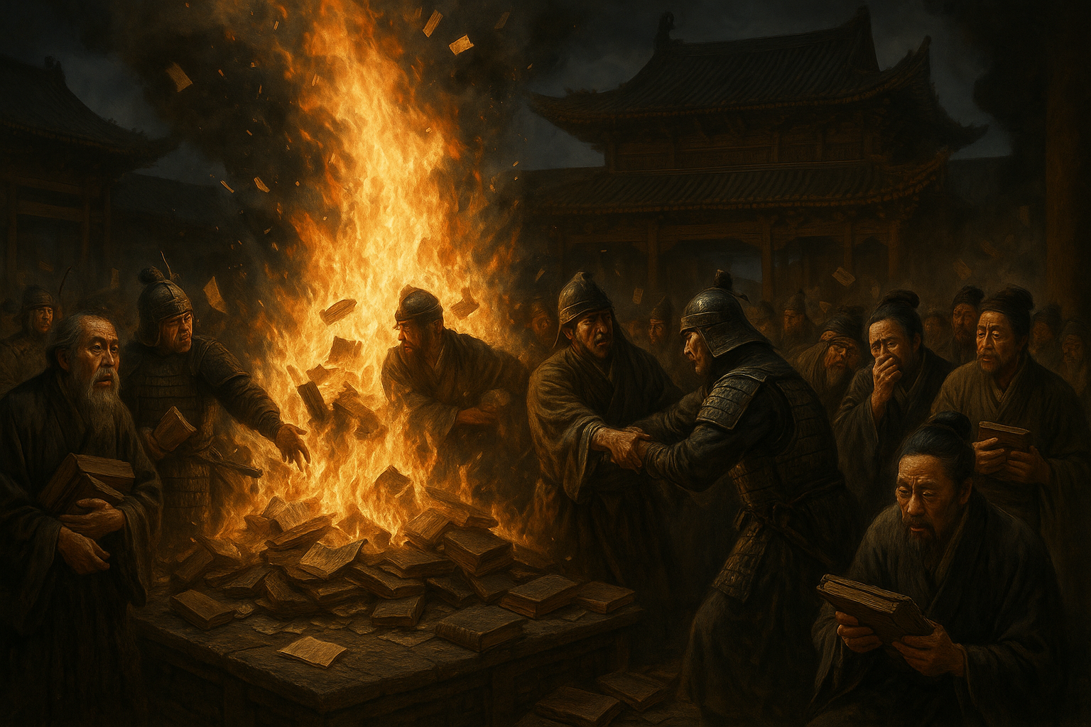 Book burning scene in ancient China