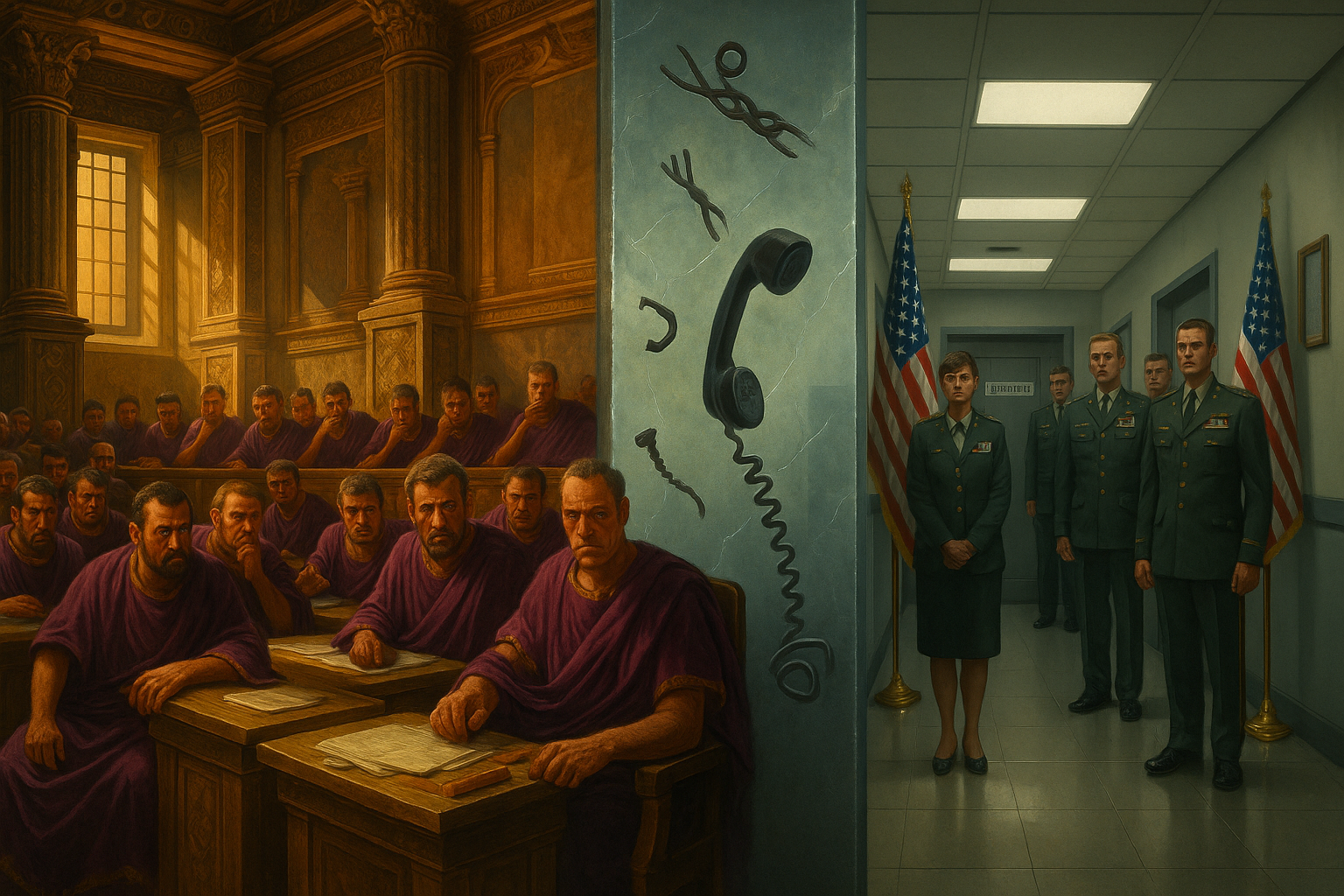 Split screen showing Carthaginian Senate and modern Pentagon with broken communication symbols