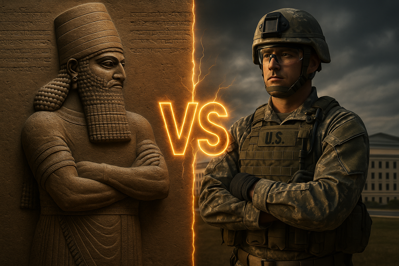 Ancient Assyrian King Tiglath-Pileser III versus modern US military officer in dramatic face-off