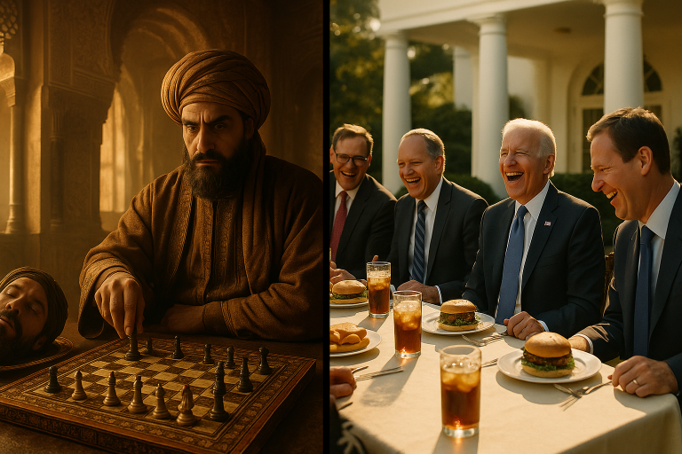 Split screen showing 9th century Caliph playing chess with severed head nearby and modern politicians at festive White House luncheon
