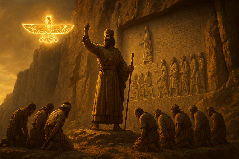 Darius I of Persia at the Behistun Inscription with defeated rebellious satraps