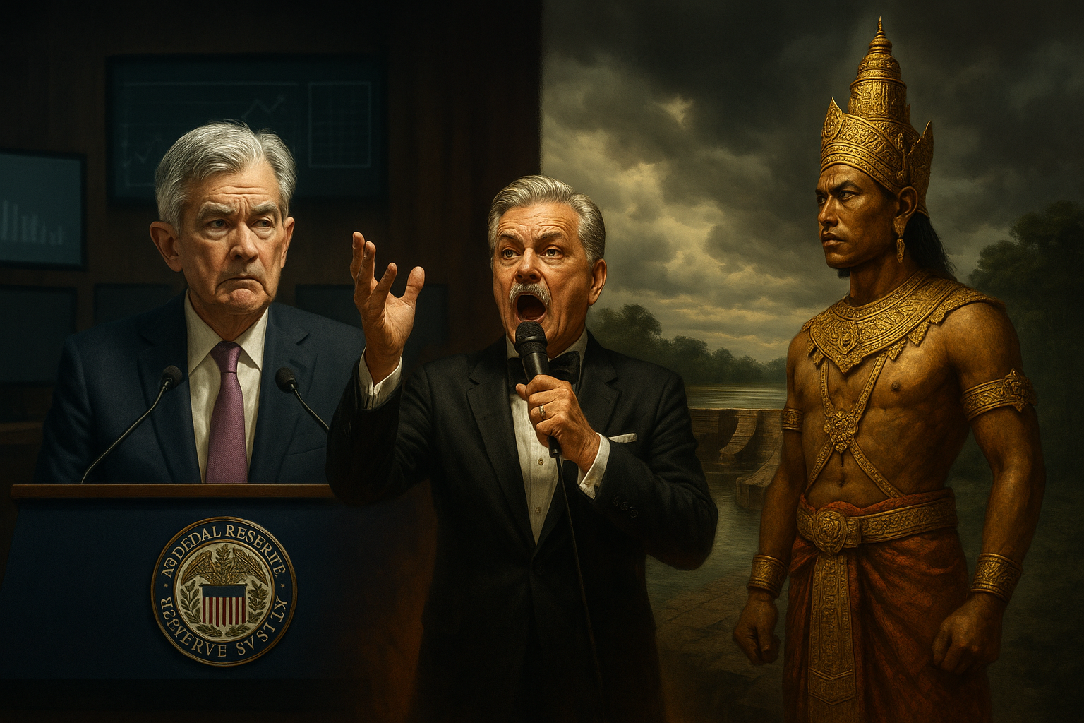 Federal Reserve Chairman Jerome Powell and ancient Khmer King Jayavarman IV face off with announcer