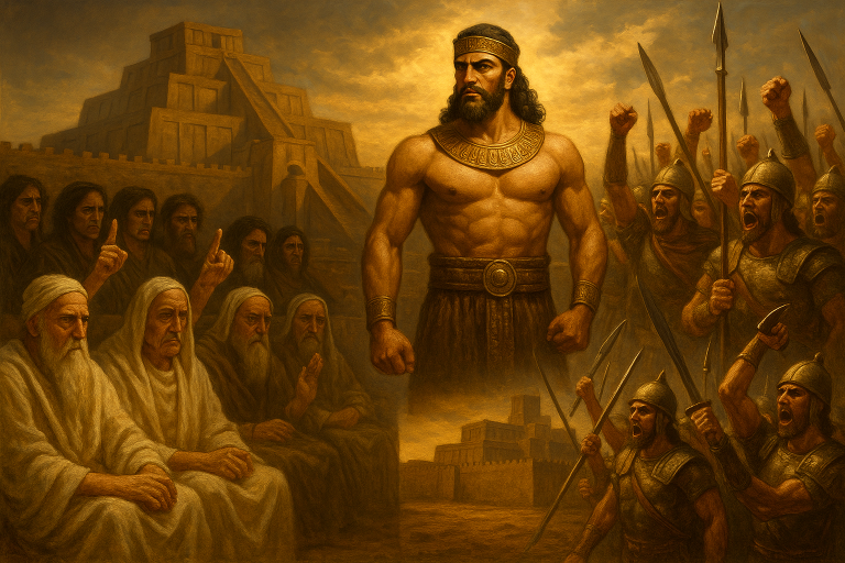 Dramatic scene showing ancient Mesopotamian assembly in crisis