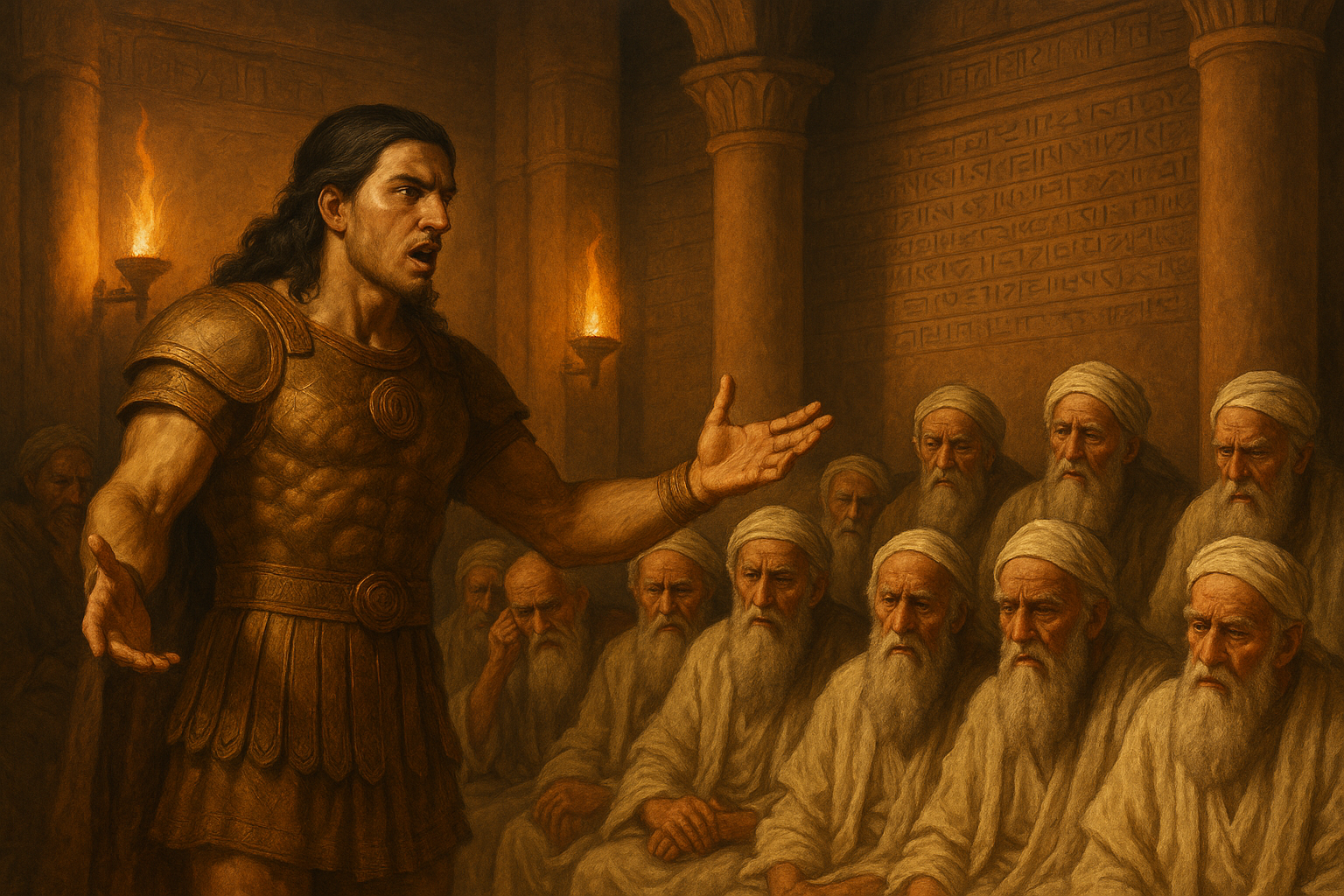 Gilgamesh speaking to the cautious elders in ancient Uruk