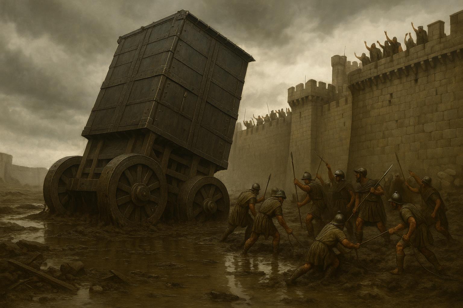 The Helepolis stuck in mud outside Rhodes