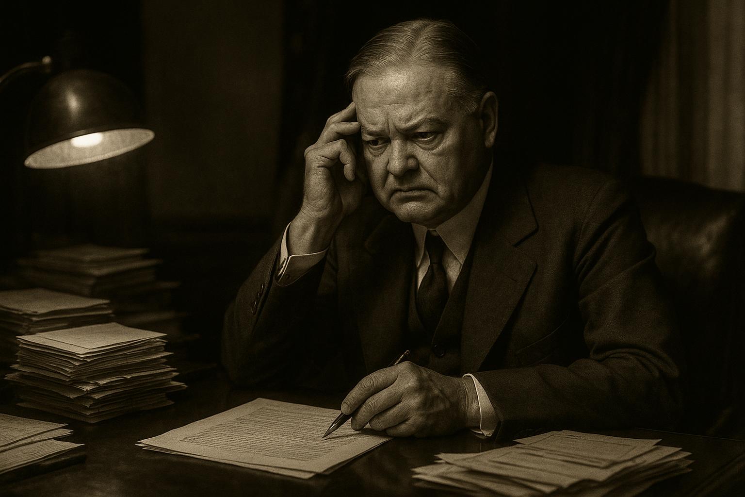 President Hoover reluctantly signing the Smoot-Hawley Tariff Act