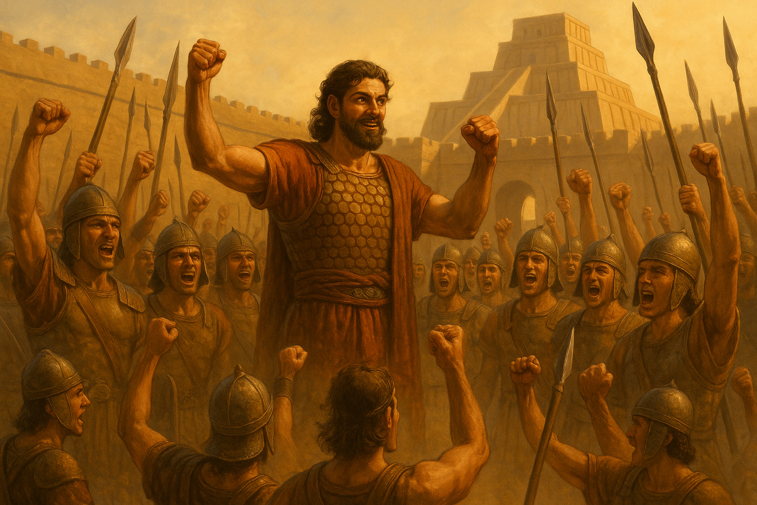 Assembly of young warriors voting for war in ancient Uruk