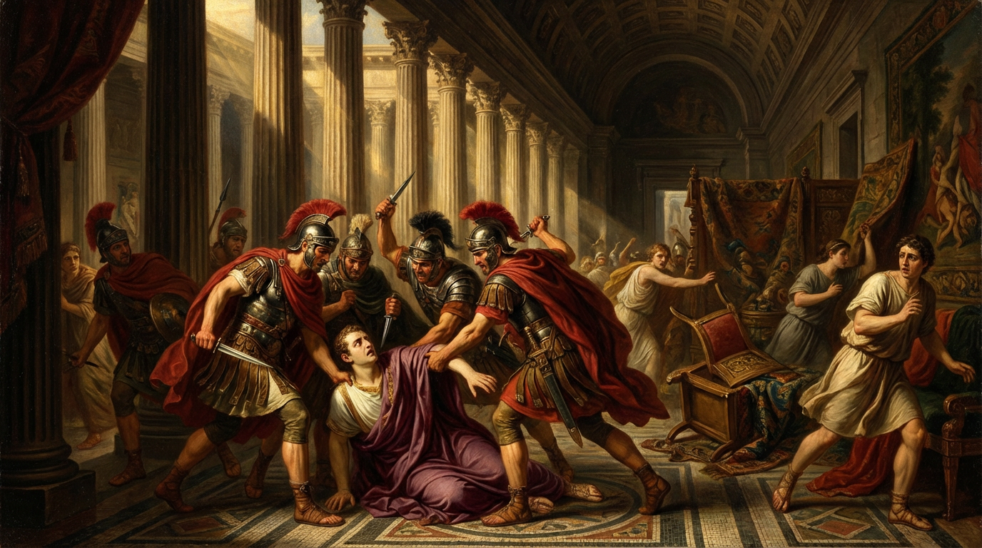 The assassination of Emperor Caligula by Praetorian Guards in the palace gallery