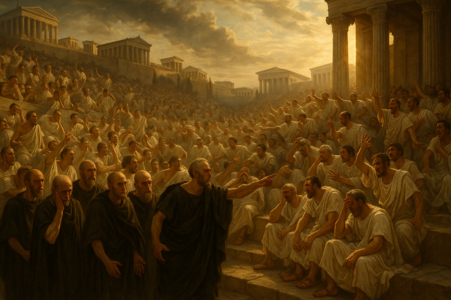 Athenian Assembly in chaos during the trial of the generals, 406 BCE