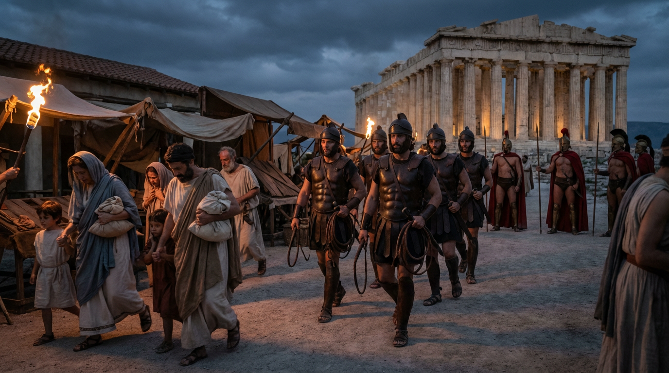 Three hundred whip-bearers patrol the Athenian agora creating atmosphere of fear