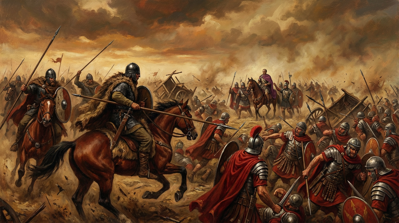 The Battle of Adrianople in 378 CE where Gothic forces defeated the Roman Empire
