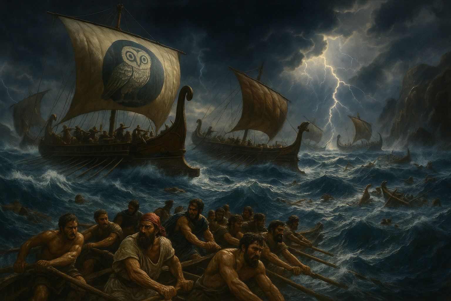 Battle of Arginusae - Greek triremes in stormy seas