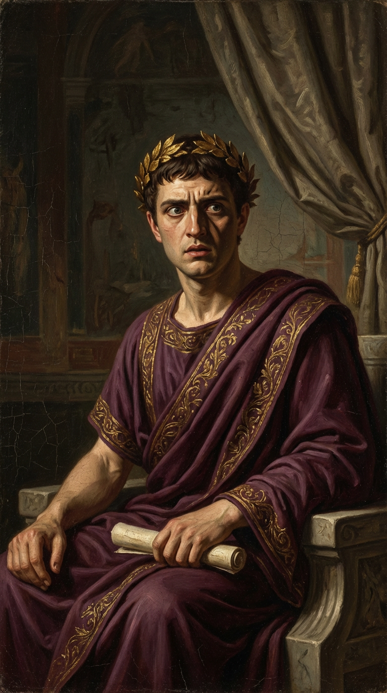 Portrait of Emperor Caligula in imperial purple toga with golden laurel crown